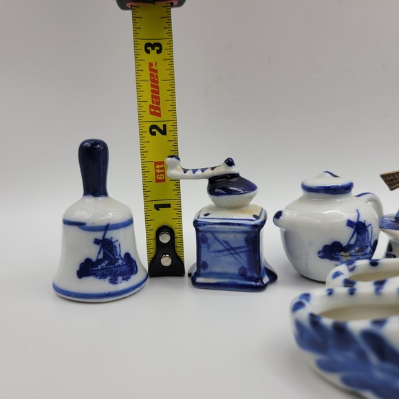 Vintage Holland Delft Blue Miniature Ceramic Set Windmill Teapot Bell Clogs - Picture 2 of 11
